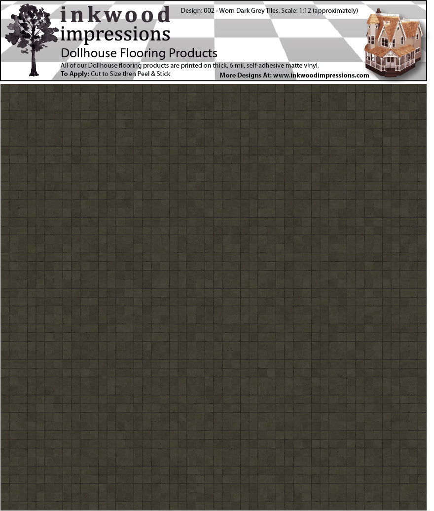 Dollhouse Flooring - 6 Mil Thick Peel and Stick Vinyl - 12" x 12" Design 002 Worn Dark Grey Tile
