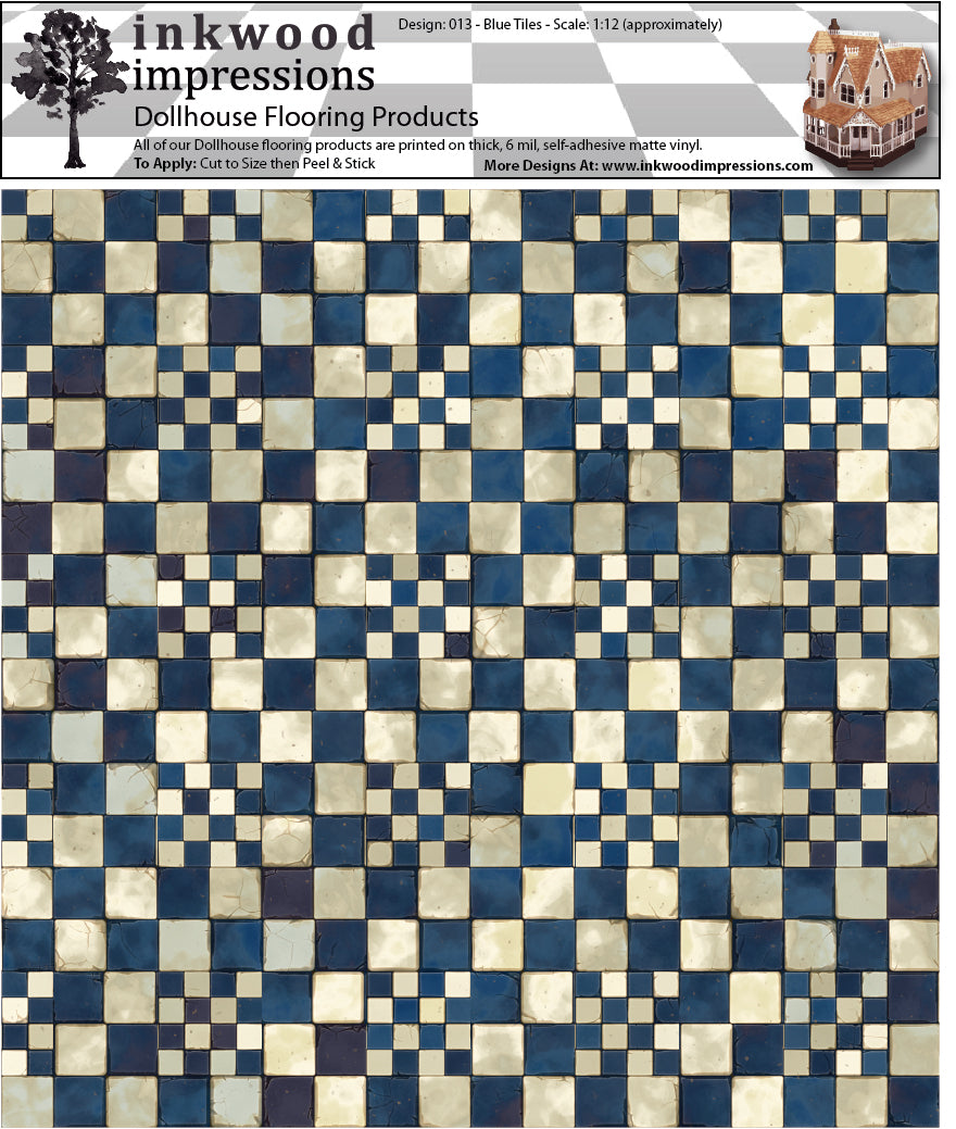 Dollhouse Flooring - 6 Mil Thick Peel and Stick Vinyl - 12" x 12" Design 013 Blue Tiles