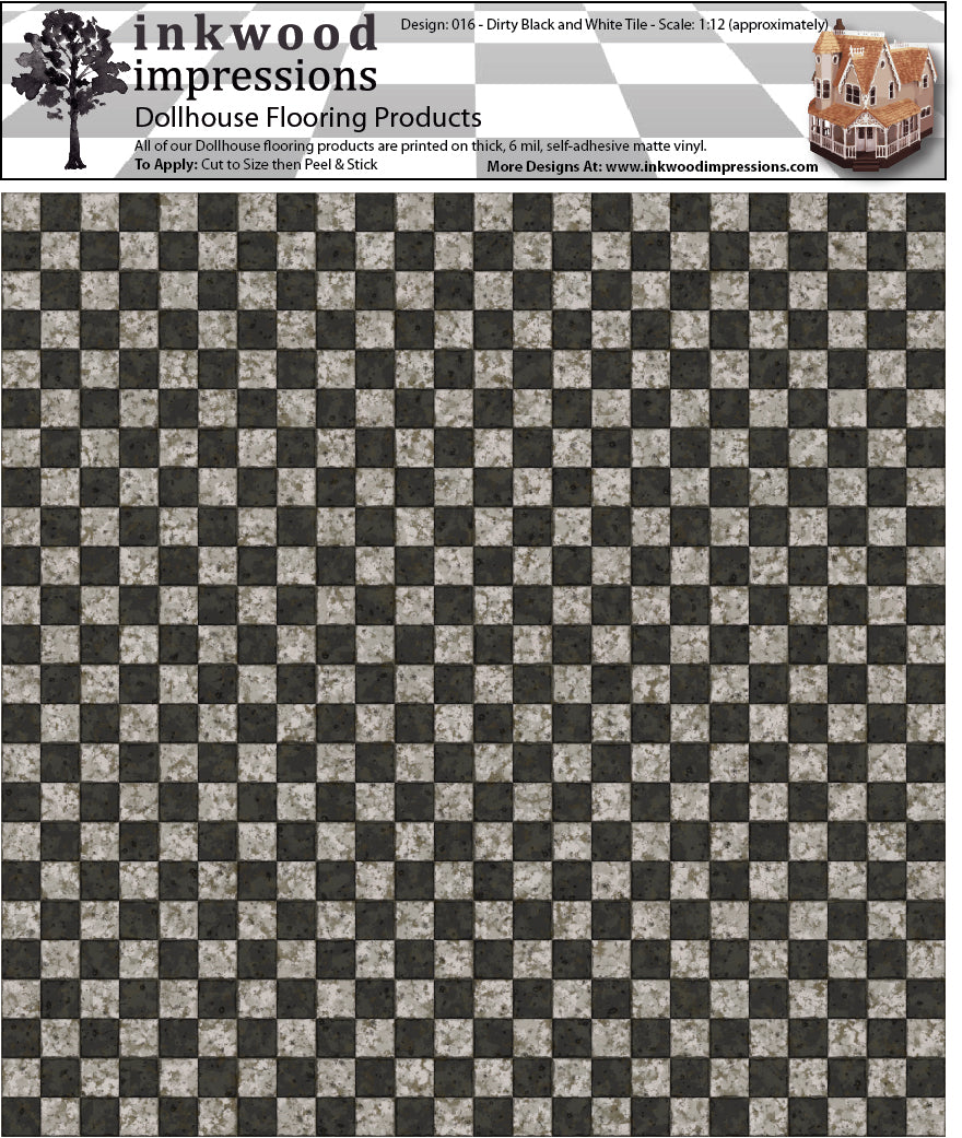 Dollhouse Flooring - 6 Mil Thick Peel and Stick Vinyl - 12" x 12" Design 016 Dirty Black and White Tiles