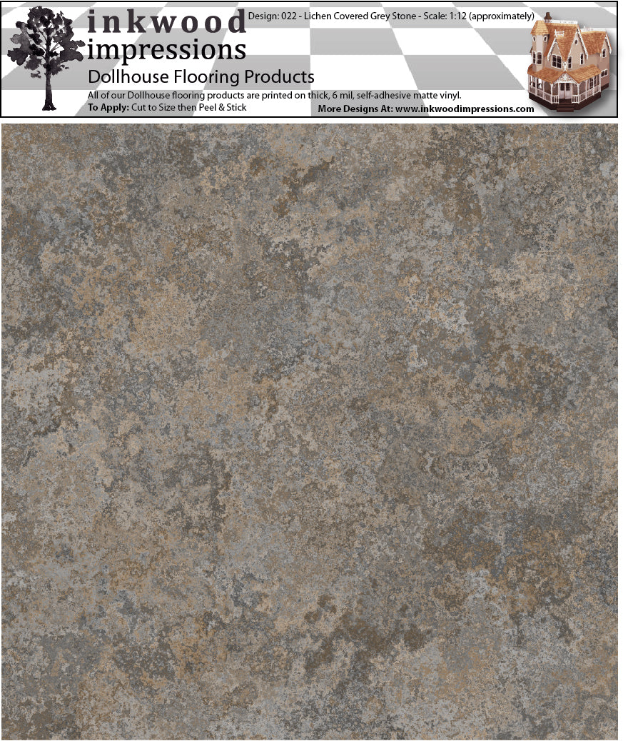 Dollhouse Flooring - 6 Mil Thick Peel and Stick Vinyl - 12" x 12" Design 022 Lichen Covered Grey Stone