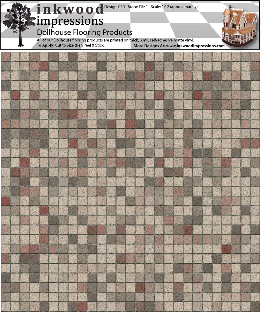 Dollhouse Flooring - 6 Mil Thick Peel and Stick Vinyl - 12" x 12" Design 030 Stone Tile 1