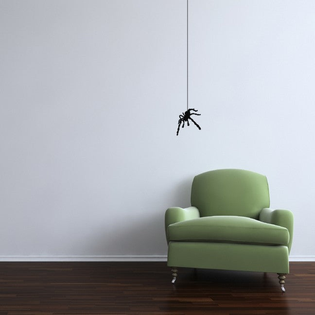 Spider Hanging from a Web Vinyl Wall Decal - 5" wide x 27.5" Tall