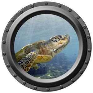 Sea Turtle Waving as She Passes By Porthole Vinyl Wall Decal