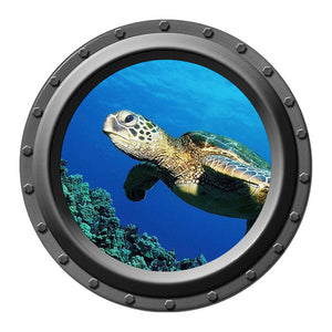 Turtle Swimming Over a Reef Porthole Wall Decal